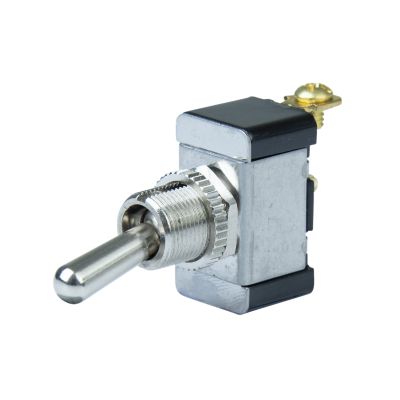 Chrome toggle switch SPST On-Off with metal construction, knob handle, for 12V, ideal for electrical applications.