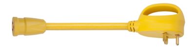 Yellow dogbone adapter with 30A male to 15A female connectors, featuring a sturdy handle design for easy use.