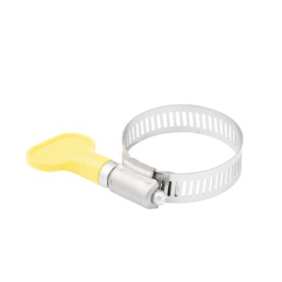 Turn-key hose clamp with a yellow handle and metal band, Ideal-Tridon design, suitable for various hose connections.