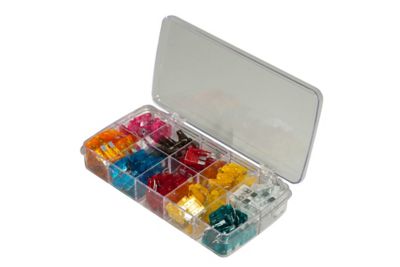 Transparent ATO fuse kit box open, displaying assorted colorful fuses organized in separate compartments.