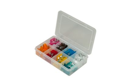 Assorted ATO fuses in a clear plastic organizer, featuring vibrant colors and a range of amp ratings for automotive use.
