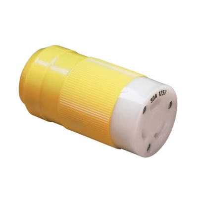 Yellow Marinco 305CRCN locking blade connector, 2-pole, 3-wire, for 125V, offers secure electrical connection.
