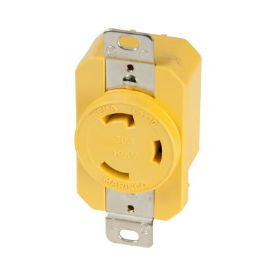 Yellow Marinco 305CRR locking receptacle with metal mounting, rated for 30 Amp and 125V electrical systems.