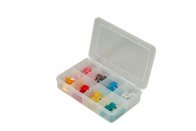 Open organizer box with assorted colorful MINI fuses, ideal for automotive use, displayed in a transparent plastic case.