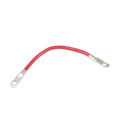 Red golf cart battery cable with metal eyelets, 6 gauge wiring for electrical connectivity.