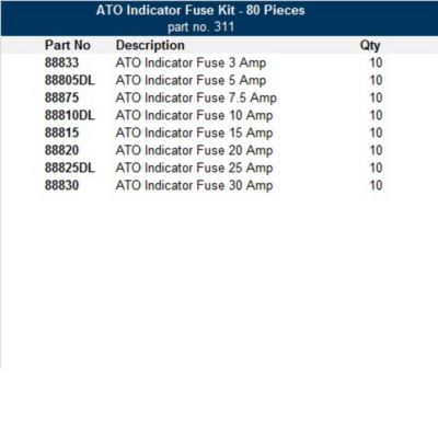 ATO Indicator Smart Glow Fuse Kit with various amp ratings, listed by part number and quantity.