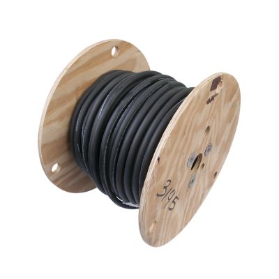 Wooden spool with coiled black power cord, Type SOOW 18/3, suitable for industrial and heavy-duty electrical applications.