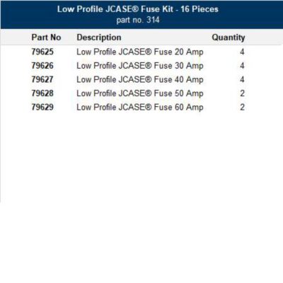 Low Profile JCASE  Fuse Kit table displaying part numbers, descriptions, and quantities for various amp fuses.