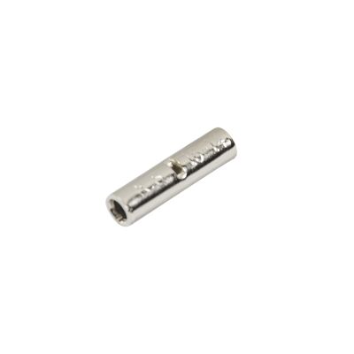 High temperature butt connector for 16-14 gauge wires, featuring a sleek, silver design for secure electrical connections.