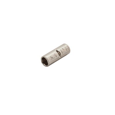Metallic high temp butt connector suitable for 12-10 gauge wiring, showing engraved specifications on its surface.