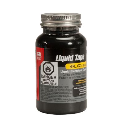 Black Gardner Bender liquid tape bottle showing safety warnings and product details.