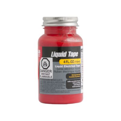 Red liquid electrical tape bottle with silver cap, featuring hazard warnings and product label in multiple languages.