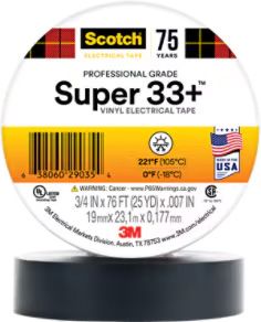 Packaging of black electrical tape roll with durable, smooth finish, ideal for insulation and bundling, branded with Scotch Super 33.