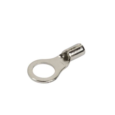 High temperature ring terminal with a circular end and crimp connector, suitable for electrical wiring applications.
