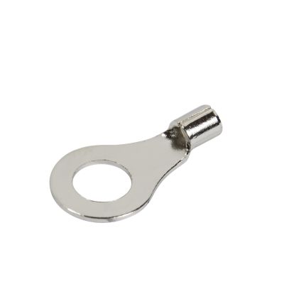 High temp ring terminal for 16-14 gauge wire with metallic finish, featuring a round end for secure connections.