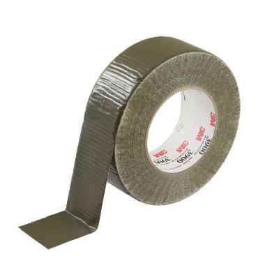 Olive multi-purpose duct tape roll extending, showcasing durable material and 3M branding.