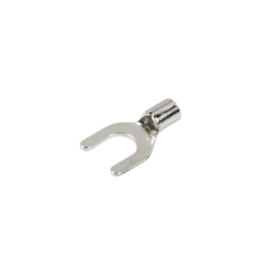 High temperature spade terminal for 10 stud, 16-14 gauge wire. Silver finish with a forked design for easy connections.
