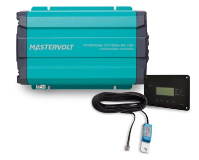 Mastervolt PowerCombi 1200W 120V kit with inverter, charger, remote control panel, and connection cables.