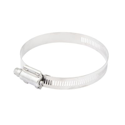Stainless steel hose clamp with adjustable band and locking mechanism on a white background. Ideal for secure fittings.