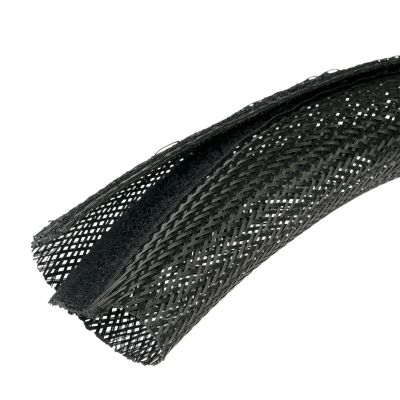 Flexible black sleeving with hook and loop closure, ideal for organizing and protecting cables.