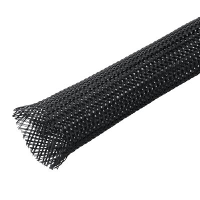 Black nylon mono expandable sleeving spool, showcasing its woven, flexible structure for cable management.