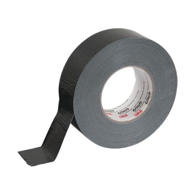 Professional-grade black duct tape with partially unrolled strip, showcasing adhesive detail. Ideal for repair and sealing tasks.