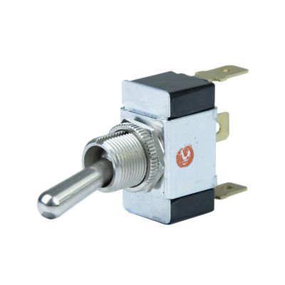 Toggle switch by Cole Hersee, SPDT On-On, metal construction with a blade terminal, designed for 12V, 25 Amp systems.