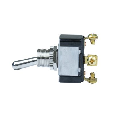 Silver Cole Hersee SPDT toggle switch with metal lever and brass terminals, side view.