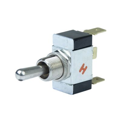 Toggle switch SPDT, 12V, 25 Amp, metal body, three blades, shown in neutral position for manual use.