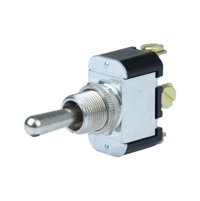 SPDT toggle switch with metallic lever and screw terminals, suitable for 25 Amp, 12V applications.