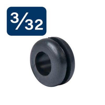 Black rubber grommet with central hole and measurement label, ideal for cable management and protection.