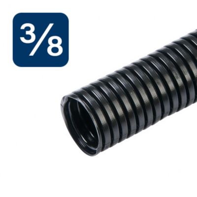 Non-split black corrugated loom tubing with a dimension label. Perfect for organizing and protecting cables.
