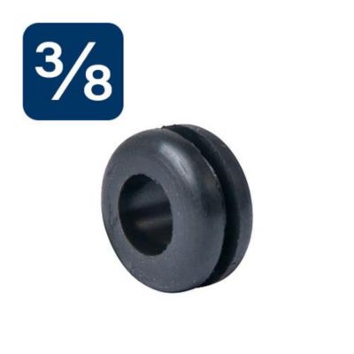 Black rubber grommet with a rounded shape and central hole, shown against a white background with size indicator.