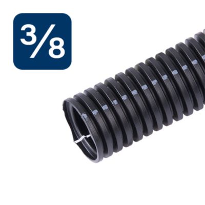 Nylon high-temp split loom, black with grey stripe, showcases durable coiled design for cable protection.