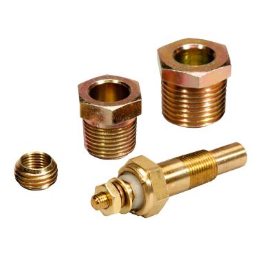 Stewart Warner 280EC Temperature Sender Kit with brass adapters and sensor, showcasing its components and versatility.