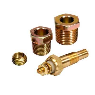 Stewart Warner Temperature Sender Kit with brass adapters and sensor for precise engine temperature measurement.