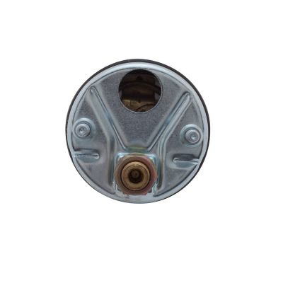 Stewart Warner 284D oil pressure gauge showing mechanical back view with metal casing and brass connector.