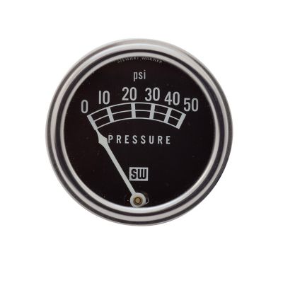 Black Stewart Warner pressure gauge showing 0-50 psi mechanical dial with no light.