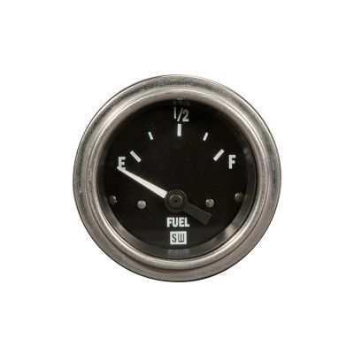 Stewart Warner fuel level gauge, black dial, silver bezel, E-1/2-F markings, electrical, classic automotive design.