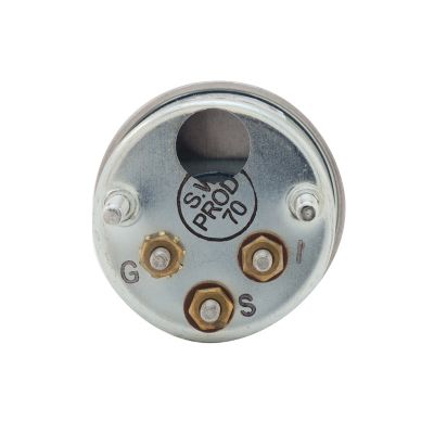 Stewart Warner oil press gauge, rear view with connection points for electric setup, model DLX 82304, 0-80 psi range.