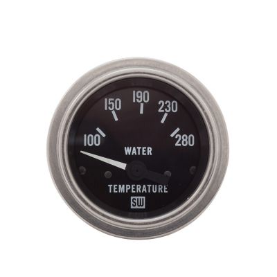 Stewart Warner water temperature gauge with black face, white markings, and classic chrome casing indicating temperature range.