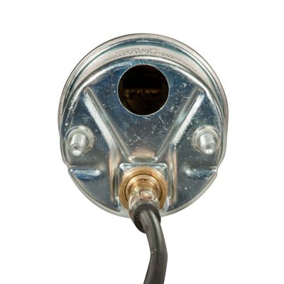Stewart Warner water temp gauge, mechanical rear view, metal casing with connectors and black tube cable.