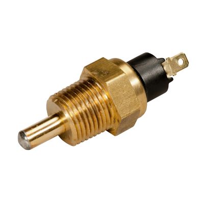Stewart Warner temperature switch with brass body, spade connector, and threaded design for efficient heat management.