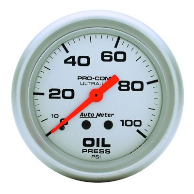 Ultra-Lite mechanical oil pressure gauge with black numbers on a white face and a red needle, measuring up to 100 psi.