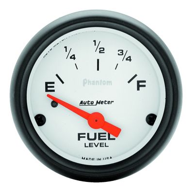 Round automotive fuel gauge with white face and red needle pointing to empty, featuring bold black markings.