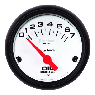 AutoMeter Phantom mechanical oil pressure gauge with white face, black bezel, bold numbers, and red pointer for precise readings.