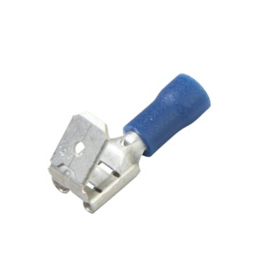Vinyl-insulated push-on piggy back terminal with blue sleeve for secure electrical connections.