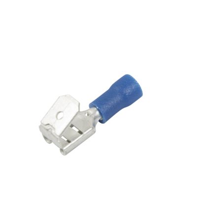 Vinyl piggy back push-on terminal with blue sleeve, suitable for 16-14 gauge wiring, side view.