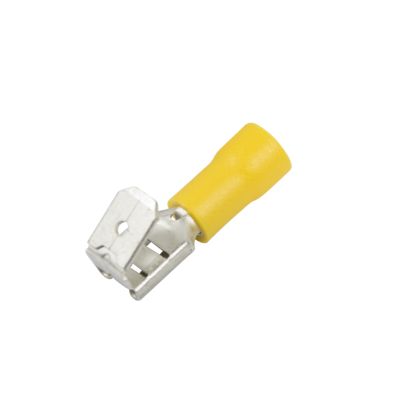Yellow vinyl piggy back push-on terminal for 12-10 gauge wire.
