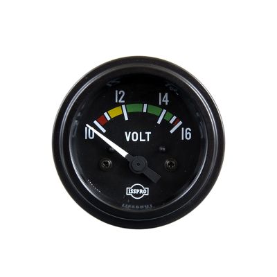 Black voltmeter gauge with colored voltage indicators from ISSPRO, displaying voltage range and sleek design.